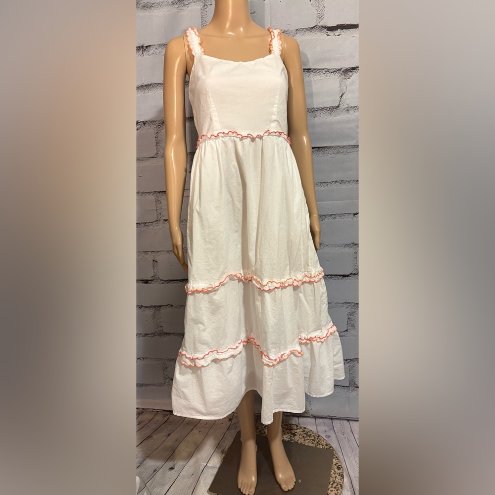 J.CREW Midi Dress Womens 2 White Orange Scalloped Trim Pockets Cotton